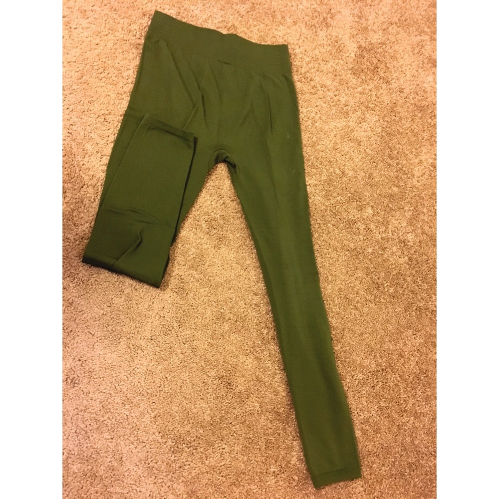 Olive green fleece-lined leggings